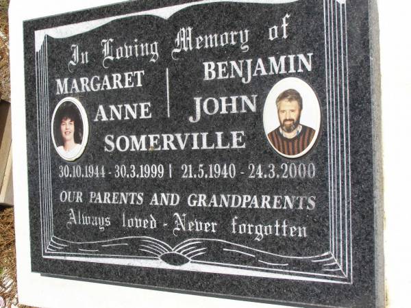 Margaret Anne SOMERVILLE,  | 30-10-1944 - 30-3-1999;  | Benjamin John SOMERVILLE,  | 21-5-1940 - 24-3-2000;  | parents grandparents;  | Kandanga Cemetery, Cooloola Shire  | 