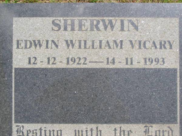 Edwin William Vicary SHERWIN,  | 12-12-1922 - 14-11-1993;  | Kandanga Cemetery, Cooloola Shire  | 