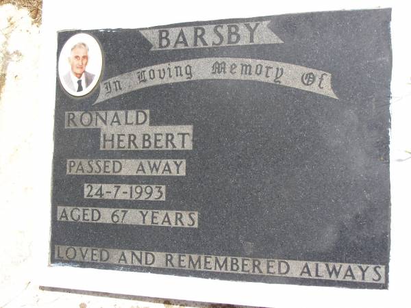 Ronald Herbert BARSBY,  | died 24-7-1993 aged 67 years;  | Kandanga Cemetery, Cooloola Shire  | 