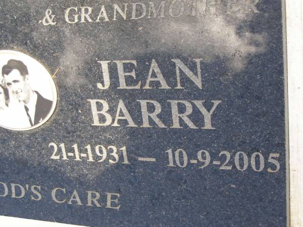 Eric (Chummy) BARRY, husband father grandfather,  | 1-10-1928 - 22-10-1992;  | Jean BARRY, wife mother grandmother,  | 21-1-1931 - 10-9-2005;  | Kandanga Cemetery, Cooloola Shire  | 