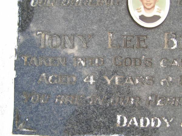 Tony Lee BENNETT,  | died 26-12-82 aged 4 years & 10 months,  | missed by daddy & mummy;  | Kandanga Cemetery, Cooloola Shire  | 