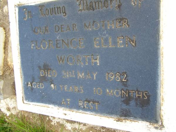 Florence Ellen WORTH, mother,  | died 21 May 1982 aged 91 years 10 months;  | Kandanga Cemetery, Cooloola Shire  | 