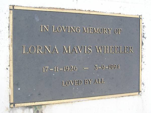Harold WHEELER,  | died 21 Jan 1951 aged 43 years;  | Diane Claire WHEELER,  | died 6 Dec 1952 aged 8 months;  | Lorna Mavis WHEELER,  | 17-11-1926 - 3-9-1994;  | Kandanga Cemetery, Cooloola Shire  | 