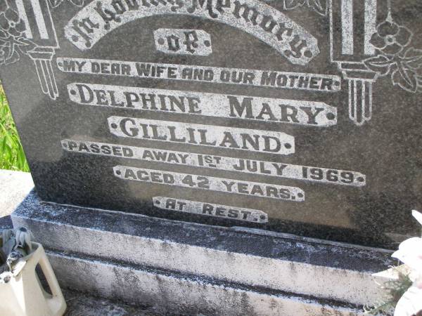 Delphine Mary GILLILAND,  | wife mother,  | died 1 July 1969 aged 42 years;  | Kandanga Cemetery, Cooloola Shire  | 