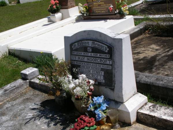 Ivy May MOORCROFT, wife mother,  | died 4 March 1959 aged 50 years;  | William Henry MOORCROFT, father,  | died 31 August 1967;  | Kandanga Cemetery, Cooloola Shire  | 