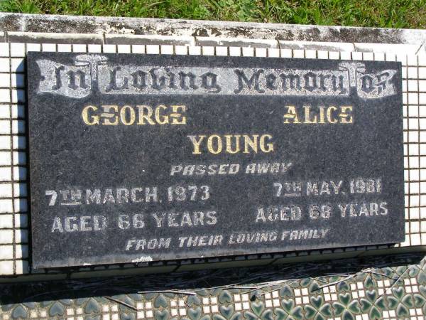 George YOUNG,  | died 7 March 1973 aged 66 years;  | Alice YOUNG,  | died 7 May 1981 aged 68 years;  | Kandanga Cemetery, Cooloola Shire  | 