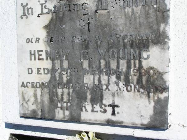 Henry G. (Harry) YOUNG, son brother,  | died 23 March 1960 aged 2 years 6 months;  | Kandanga Cemetery, Cooloola Shire  | 