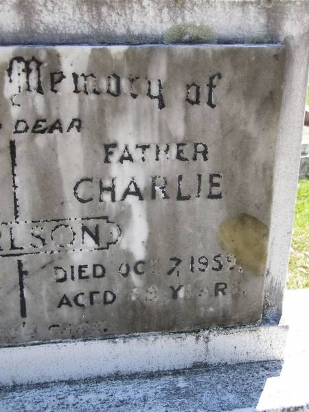 Elizabeth CARLSON, mother,  | died 2 July 1953 aged 82 years;  | Charlie CARLSON, father,  | died 7 Oct 1959 aged 89 years;  | Kandanga Cemetery, Cooloola Shire  | 