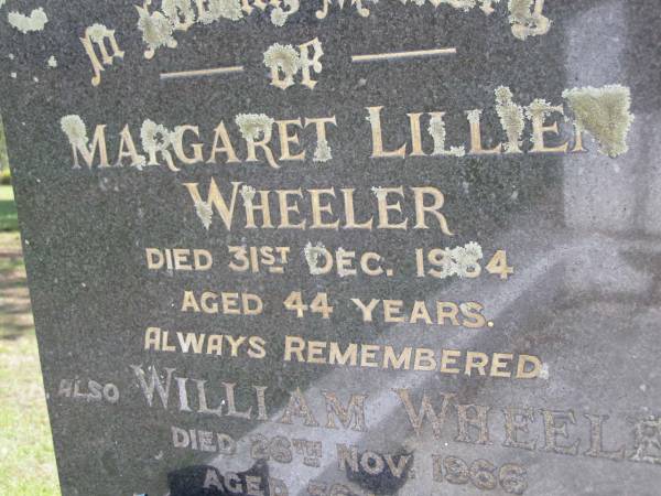 Margaret Lillien WHEELER,  | died 31 Dec 1984 aged 44 years;  | William WHEELER,  | died 26 Nov 1966 aged 56 years;  | Kandanga Cemetery, Cooloola Shire  | 