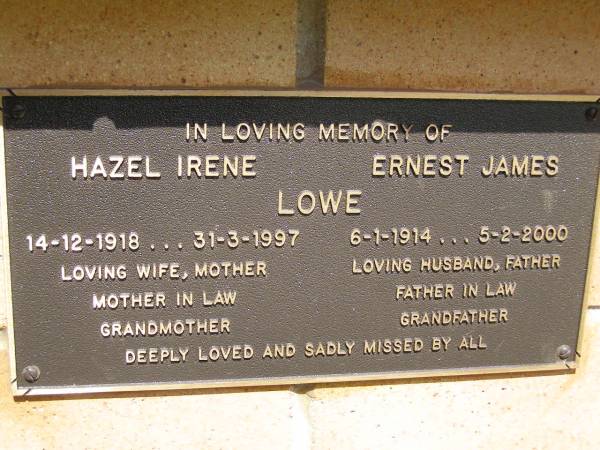 Hazel Irene LOWE,  | 14-12-1918 - 31-3-1997,  | wife mother mother-in-law grandmother;  | Ernest James LOWE,  | 6-1-1914 - 5-2-2000,  | husband father father-in-law grandfather;  | Kandanga Cemetery, Cooloola Shire  | 