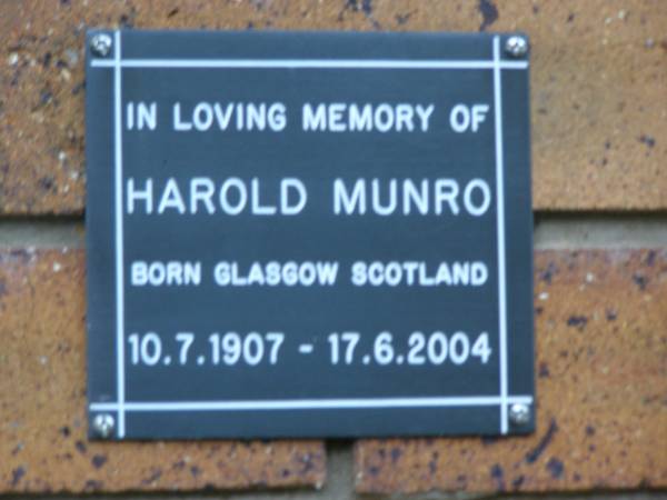 Harold MUNRO  | b: Glasgow Scotland, 10 Jul 1907  | d: 17 Jun 2004  | Kenmore-Brookfield Anglican Church, Brisbane  | 