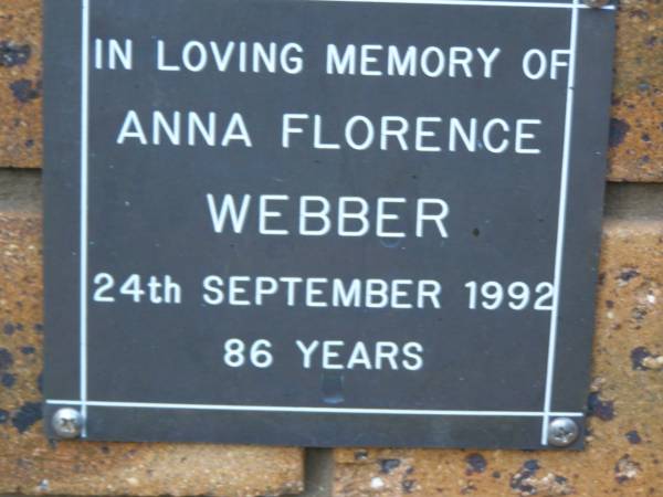 Anna Florence WEBBER  | d: 24 Sep 1992, aged 86  | Kenmore-Brookfield Anglican Church, Brisbane  | 