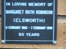 
Margaret Ruth ROBINSON (ELSWORTH)
b: 6 Feb 1905, d 7 Feb 1998, aged 93
Kenmore-Brookfield Anglican Church, Brisbane
