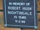 
Robert Hugh NIGHTINGALE
d: 9 Feb 1986, aged 70
Kenmore-Brookfield Anglican Church, Brisbane
