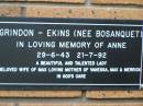 
Anne GRINDON - EKINS (nee BOSANQUET)
b: 29 Jun 1943, d: 21 Jul 1992
(wife of Max, mother of Vanessa, Max and Merrick)
Kenmore-Brookfield Anglican Church, Brisbane
