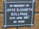 
Joyce Elizabeth BOLLMAN
d: 30 Apr 1982, aged 68
Kenmore-Brookfield Anglican Church, Brisbane
