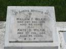 William F. WILKIE,
died 29 Dec 1969 aged 84 years;
Kate D. WILKIE,
died 7 Feb 1984 aged 95 years;
St Johns Catholic Church, Kerry, Beaudesert Shire