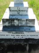 John KEAVENY,
died 7 June 1950 aged 58 years;
Hanorah, wife,
died 28 May 1968 aged 73 years;
St Johns Catholic Church, Kerry, Beaudesert Shire
