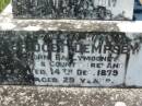 Rebecca DEMPSEY,
born Scotland,
died 24 May 1900 aged 70 years;
George DEMPSEY, son,
died 20 Oct 1915 aged 52 years;
James DEMPSEY, husband,
died 30 March 1865 aged 40 years,
interred in Brisbane;
John DEMPSEY,
born Skibbereen, Country Cork, Ireland,
died 11 May 1917 aged 64 years;
Bridget DEMPSEY, wife,
born Ballymooney, Kings County, Ireland,
died 14 Dec 1879 aged 29 years;
Kevin FITTON, grandson,
aged 5 months;
Daniel DEMPSEY,
died 10 Sept 1922 aged 73 years;
James DEMPSEY,
died 23 Dec 1928 aged 68 years;
Mary Ellen FITTON, wife mother,
died 13 Sept 1947 aged 69 years;
St Johns Catholic Church, Kerry, Beaudesert Shire