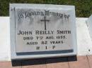 John Reilly SMITH,
died 7 Aug 1955 aged 82 years;
Catherine Mary SMITH,
died 28 Jan 1983 aged 90 years;
St Johns Catholic Church, Kerry, Beaudesert Shire