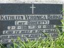 Kathleen Veronica BURKE (nee DOHERTY),
7-2-1918 - 15-8-1989;
St Johns Catholic Church, Kerry, Beaudesert Shire