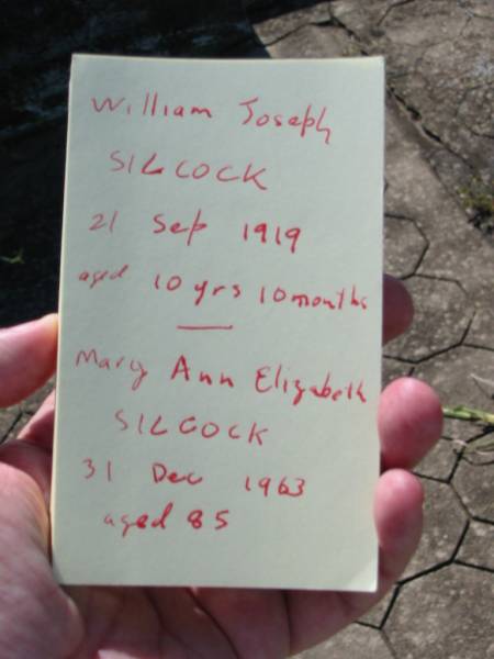 William Joseph SILCOCK,  | died 2 Sept 1919 aged 10 years 10 months;  | Mary Ann Elizabeth SILCOCK,  | died 31 Dec 1969 aged 85 years;  | Randall, 22-12-1967 aged? 82;  | St John's Catholic Church, Kerry, Beaudesert Shire  | 