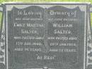 Emily Martha SALTER,
mother,
died 15 Aug 1940 aged 76 years;
William SALTER,
husband,
died 20 Jan 1934 aged 72 years;
Kilkivan cemetery, Kilkivan Shire