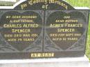 Charles Alfred SPENCER,
husband father,
died 29 Mar 1951 aged 79 years;
Agnes Frances SPENCER,
mother,
died 23 Sept 1961 aged 81 years;
Kilkivan cemetery, Kilkivan Shire