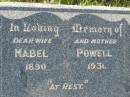 Mabel POWELL,
wife mother,
1890 - 1931;
Kilkivan cemetery, Kilkivan Shire