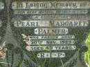 Frederick Henry PALMER,
father father-in-law grandfather,
accidentally killed 9 May 1968 aged 55 years;
Pearl Margaret PALMER,
mother mother-in-law grandmother,
died 30 Nov 1969 aged 49 years;
Kilkivan cemetery, Kilkivan Shire