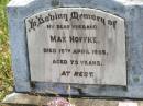 Max NOFFKE,
husband,
died 15 April 1955 aged 73 years;
Kilkivan cemetery, Kilkivan Shire