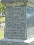 William LAURIE,
died 14 Oct 1894 aged 73 years;
Elizabeth,
wife,
died 30 Sept 1905 aged 84 years;
Charles Henry Thomas MASON,
died Ela?? Kilkivan 4 March 1906 aged 63 years;
Agnes,
wife,
died 5 Jan 1921 aged 78 years;
Kilkivan cemetery, Kilkivan Shire