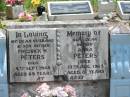 Fredrick W. PETERS,
husband father,
died 4 Sept 1948 aged 69 years;
Anna PETERS,
mother,
died 19 Aug 1963 aged 81 years;
Kilkivan cemetery, Kilkivan Shire