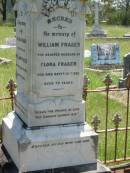William FRASER,
husband of Flora FRASER,
died 13 Sept 1902 aged 72 years;
Flora FRASER,
wife of the late William FRASER,
died 3 Jan 1909 aged 75 years;
Ann Caroline FRASER,
daughter of Flora FRASER,
died 12 Aug 1902 aged 35 years;
Kilkivan cemetery, Kilkivan Shire