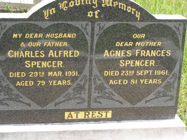 Charles Alfred SPENCER,  | husband father,  | died 29 Mar 1951 aged 79 years;  | Agnes Frances SPENCER,  | mother,  | died 23 Sept 1961 aged 81 years;  | Kilkivan cemetery, Kilkivan Shire  | 