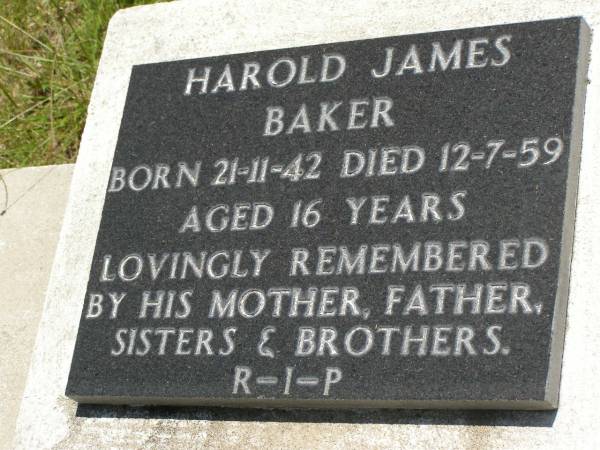 Harold James BAKER,  | born 21-11-42,  | died 12-7-59 aged 16 years;  | remembered by mother, father, sisters & brothers;  | Kilkivan cemetery, Kilkivan Shire  | 