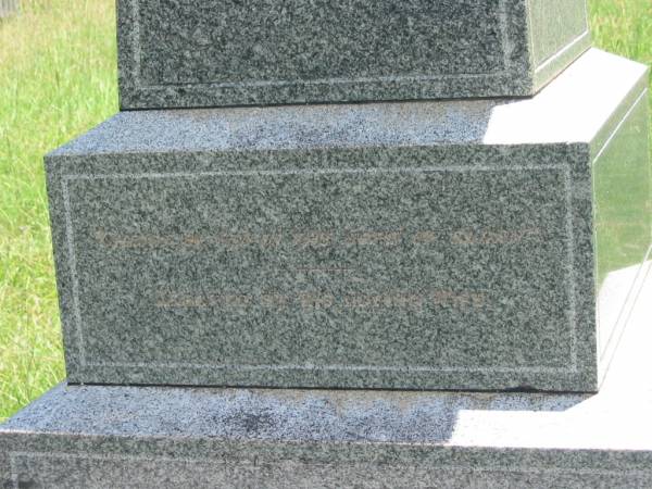 William LAURIE,  | died 14 Oct 1894 aged 73 years;  | Elizabeth,  | wife,  | died 30 Sept 1905 aged 84 years;  | Charles Henry Thomas MASON,  | died Ela?? Kilkivan 4 March 1906 aged 63 years;  | Agnes,  | wife,  | died 5 Jan 1921 aged 78 years;  | Kilkivan cemetery, Kilkivan Shire  | 