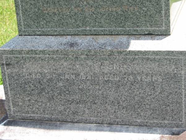 William LAURIE,  | died 14 Oct 1894 aged 73 years;  | Elizabeth,  | wife,  | died 30 Sept 1905 aged 84 years;  | Charles Henry Thomas MASON,  | died Ela?? Kilkivan 4 March 1906 aged 63 years;  | Agnes,  | wife,  | died 5 Jan 1921 aged 78 years;  | Kilkivan cemetery, Kilkivan Shire  | 