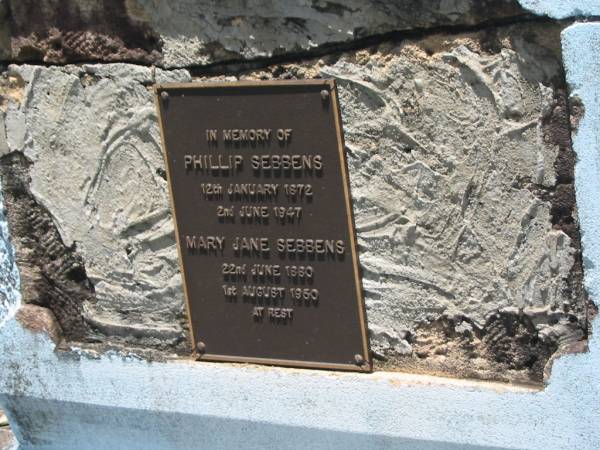 Phillip SEBBENS,  | father,  | 12 Jan 1872 - 2 June 1947 aged 75 years;  | Mary Jane SEBBENS,  | mother,  | 22 June 1880 - 1 Aug 1950 aged 70 years;  | Kilkivan cemetery, Kilkivan Shire  | 