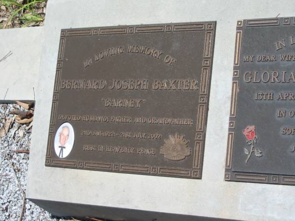 Bernard Joseph (Barney) BAXTER,  | husband father grandfather,  | 2 Jan 1922 - 21 July 2002;  | Gloria Elwyn BAXTER,  | wife mother grandmother,  | 13 April 24 - 13 April 97;  | Kilkivan cemetery, Kilkivan Shire  | 