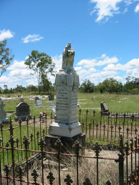 William FRASER,  | husband of Flora FRASER,  | died 13 Sept 1902 aged 72 years;  | Flora FRASER,  | wife of the late William FRASER,  | died 3 Jan 1909 aged 75 years;  | Ann Caroline FRASER,  | daughter of Flora FRASER,  | died 12 Aug 1902 aged 35 years;  | Kilkivan cemetery, Kilkivan Shire  | 