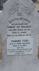 Ernest Ed WALDOCK
d: 20 Mar 1912 aged 2 12 years
Edward (Ted) (WALDOCK?)
d: 8 Dec 2012 aged 83
son of Fred and Maid
Kilkivan cemetery, Kilkivan Shire