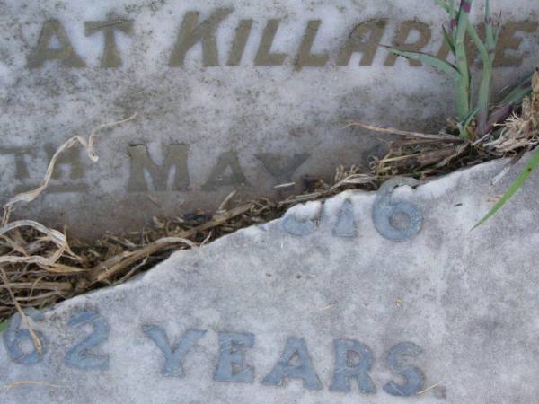 Eliza CLARKE,  | wife,  | died Killarney 24 May 1916 aged 62 years;  | Charles CLARKE,  | killed in action France 5 Oct 1917 aged 27 years;  | Killarney cemetery, Warwick Shire  | 