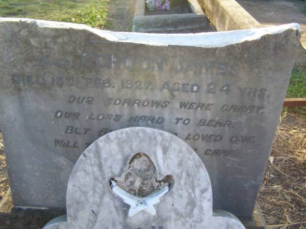 Marion Sylvia (Marie) MORRIS,  | died 1 March 1924 aged 11 years;  | Gordon James,  | died 13 Feb 1927 aged 24 years;  | Killarney cemetery, Warwick Shire  | 