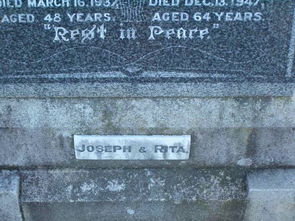 Catherine M. (Rita) HICKEY,  | wife mother,  | died 16 March 1937 aged 48 years;  | James P. HICKEY,  | father,  | died 13 Dec 1947 aged 64 years;  | Killarney cemetery, Warwick Shire  | 