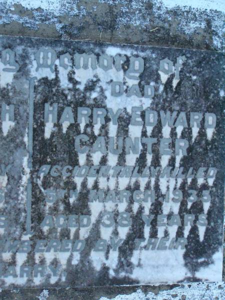 Gladys Edith CAUNTER,  | mother,  | died 18 July 1956 aged 63 years;  | Harry Edward CAUNTER,  | dad,  | accidentally killed 5 March 1935 aged 38 years;  | remembered by son Harry;  | Edward J. CAUNTER,  | died 13 Dec 1935 aged 73 years;  | Ivy;  | Killarney cemetery, Warwick Shire  | 