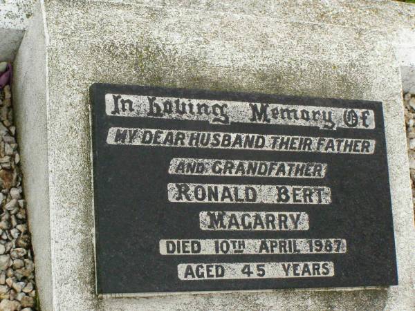 William Robert MAGARRY,  | son brother,  | accidentally drowned 25 April 1955 aged 18 years;  | Wilfred John MAGARRY,  | son brother,  | accidentally killed 12 Dec 1953 aged 22 years;  | Ruben Wilfred MAGARRY,  | husband father grandfather,  | died 5 Sept 1972 aged 65 years;  | Elsie MAGARRY,  | wife mother grandmother great-grandmother,  | died 27 July 1995 aged 85 years;  | Ronald Bert MAGARRY,  | husband father grandfather,  | died 10 April 1987 aged 45 years;  | Killarney cemetery, Warwick Shire  |   | 