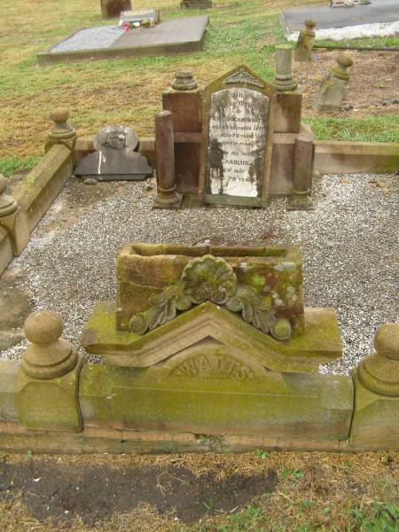 Henry Spackman WATTS,  | died 6 Nov 1920 aged 70 years;  | Caroline,  | wife,  | died 23 May 1937 aged 79 years;  | Killarney cemetery, Warwick Shire  | 