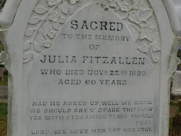 Julia FITZALLEN,  | died 22 Nov 1893 aged 60 years;  | Killarney cemetery, Warwick Shire  | 