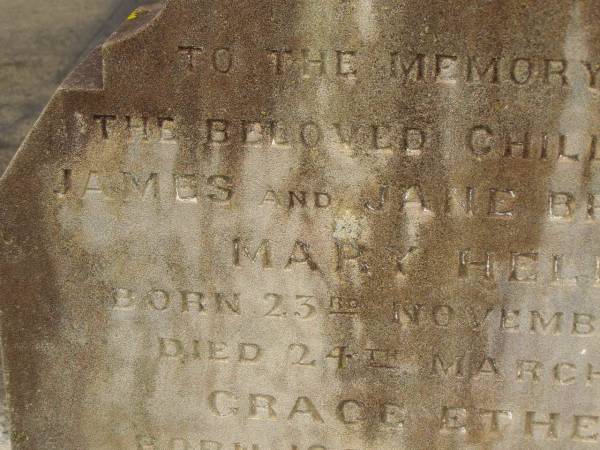 children of James & Jane BRADFORD;  | Mary Helen,  | born 23 Nov 1869,  | died 24 March 1886;  | Grace Ethel,  | born 10 March 1886,  | died 10 May 1886;  | Charles George BRADFORD,  | son,  | died 16 Aug 1899 aged 20 years,  | erected by mother;  | Jane BRADFORD,  | died 29 Oct 1920 aged 69 years;  | James BRADFORD,  | died 20 July 1943 aged 94 years;  | Killarney cemetery, Warwick Shire  | 